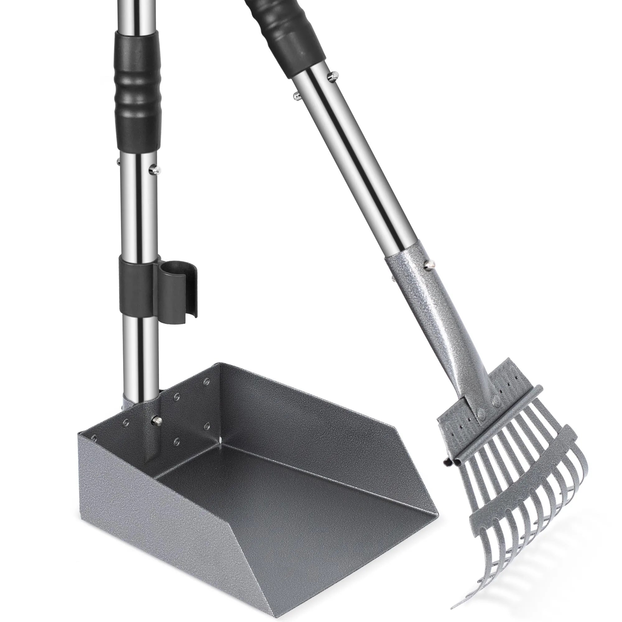 Dog Pooper Scooper, Dog Poop Tray and Rake Set,  Long Adjustable Sectional Stainless Handles