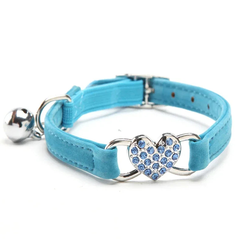 Heart Charm and Bell Cat Collar Safety Elastic Adjustable with Soft Velvet Material