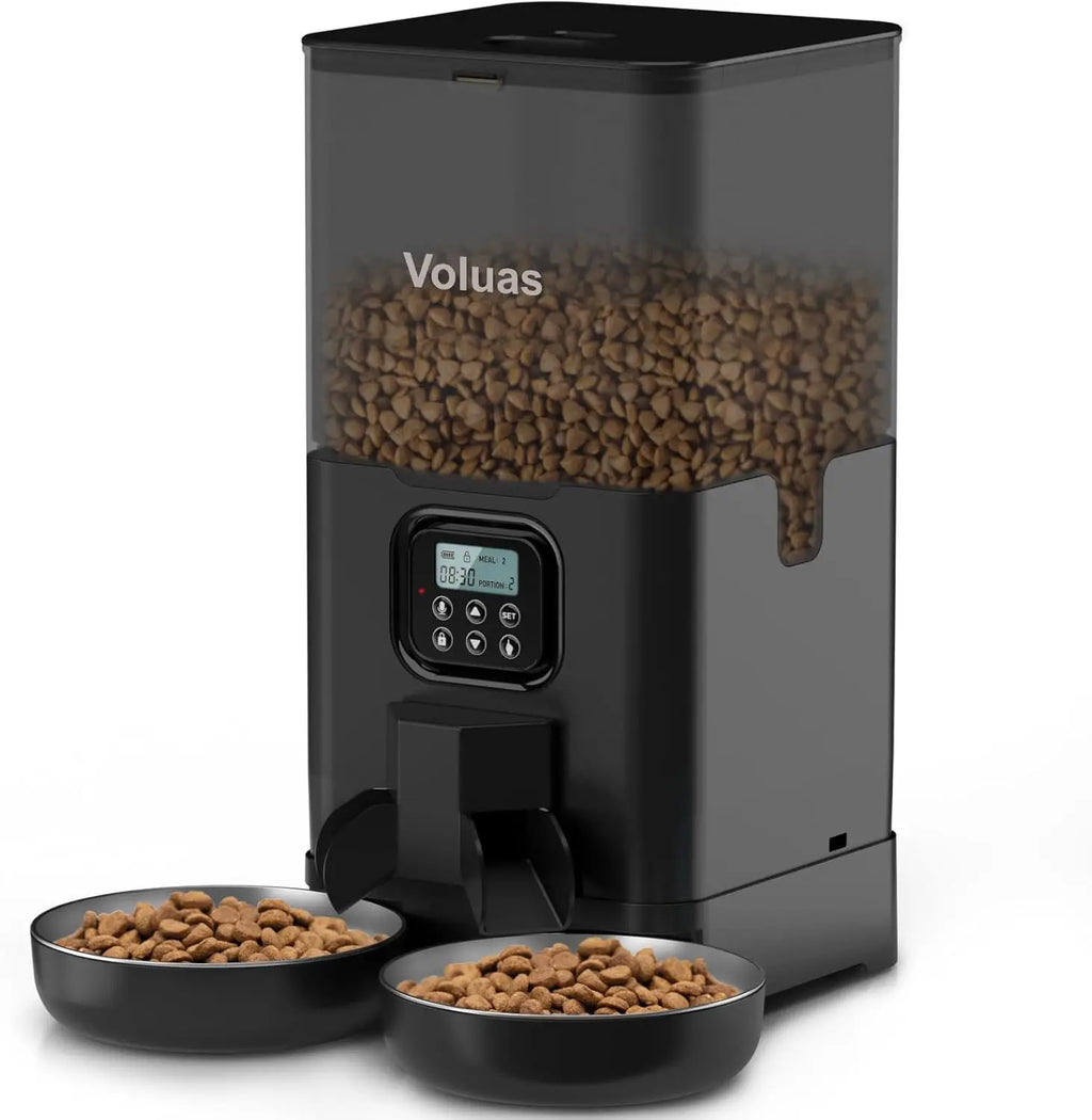 Automatic Double Cat Feeder with Timer, Memory, and 2 Stainless Steel Bowls for Healthy Pet Diet