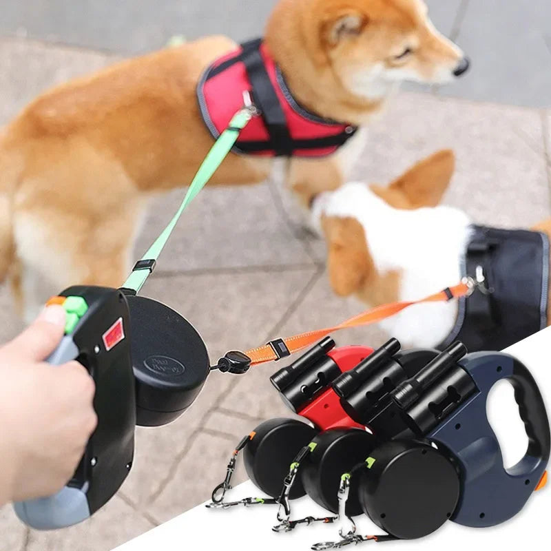 3in1 Double Head Automatic retractable Dog leash, Flashlight, Poop Bag Dispenser, Reflective