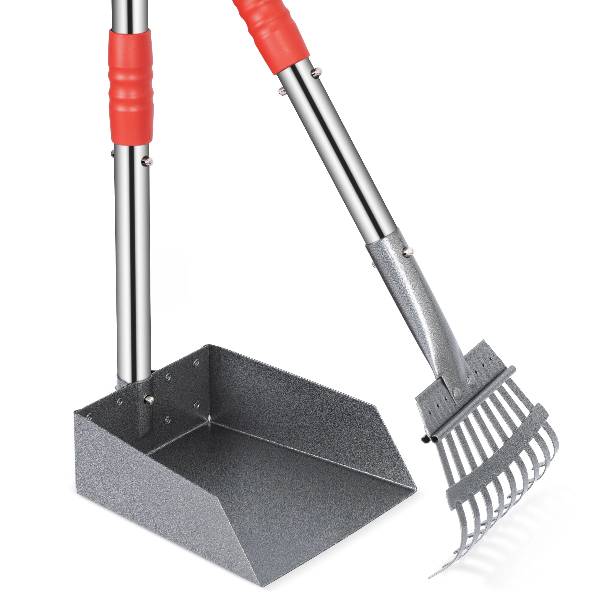Dog Pooper Scooper, Dog Poop Tray and Rake Set,  Long Adjustable Sectional Stainless Handles