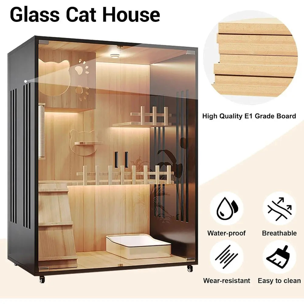 Modern Cat House & Indoor Villa - Extra Large Wooden Enclosure with Lockable Wheels & Tempered Glass