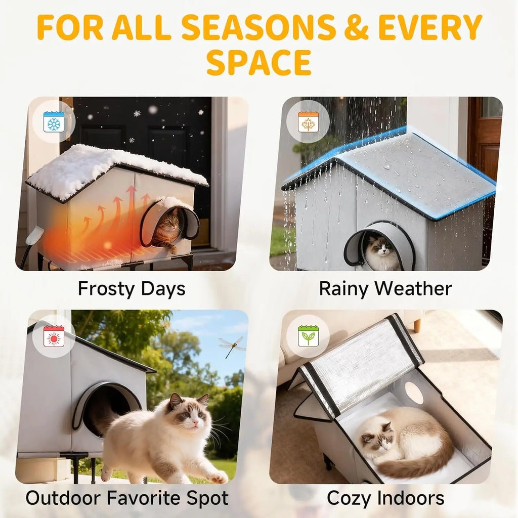 Heated Waterproof Cat House with Insulation for Outdoor Winter Shelter, Durable Warm Pet Shelter