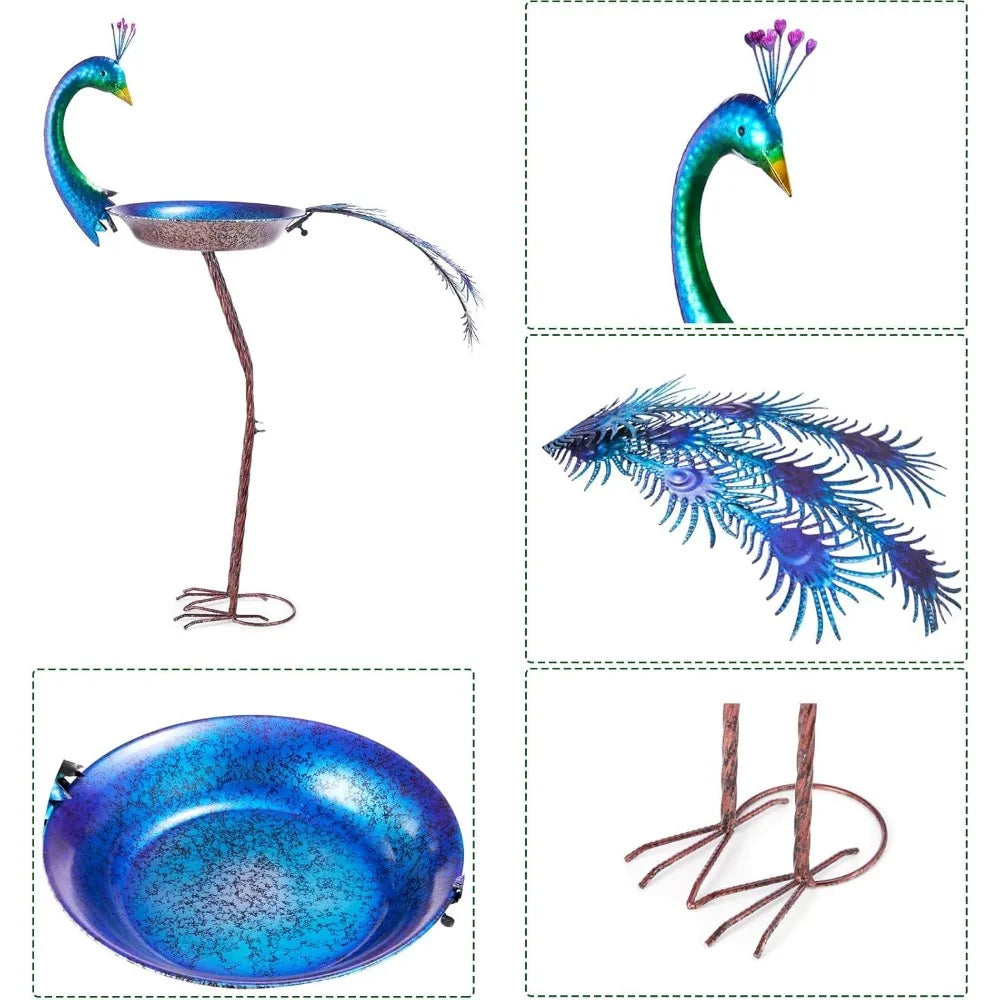 Peacock-Shaped Metal Bird Bath Feeder with Seed Tray, Outdoor Garden Decor