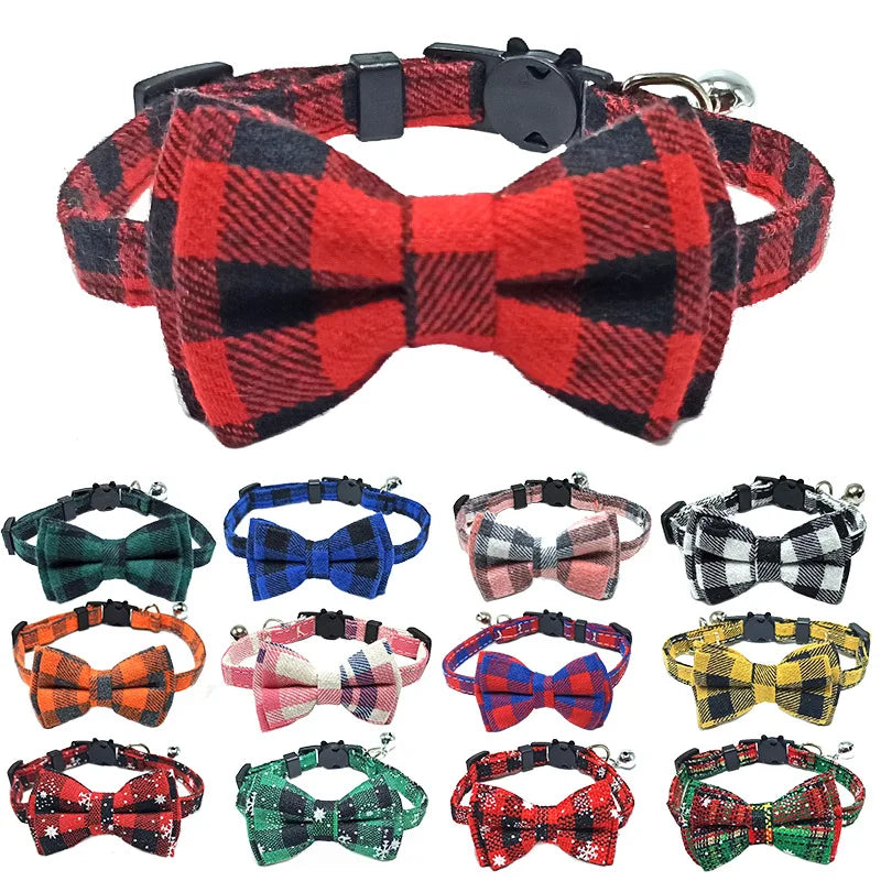 Pet Breakaway Cat Collar Bow Tie and Bell Cute Plaid, Elastic Adjustable Dog Collar With Sash