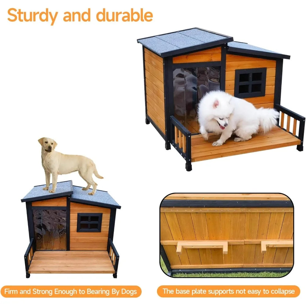 Indoor/Outdoor Dog House, Wood Insulated, Weatherproof Outside Shelter with Elevated Floor