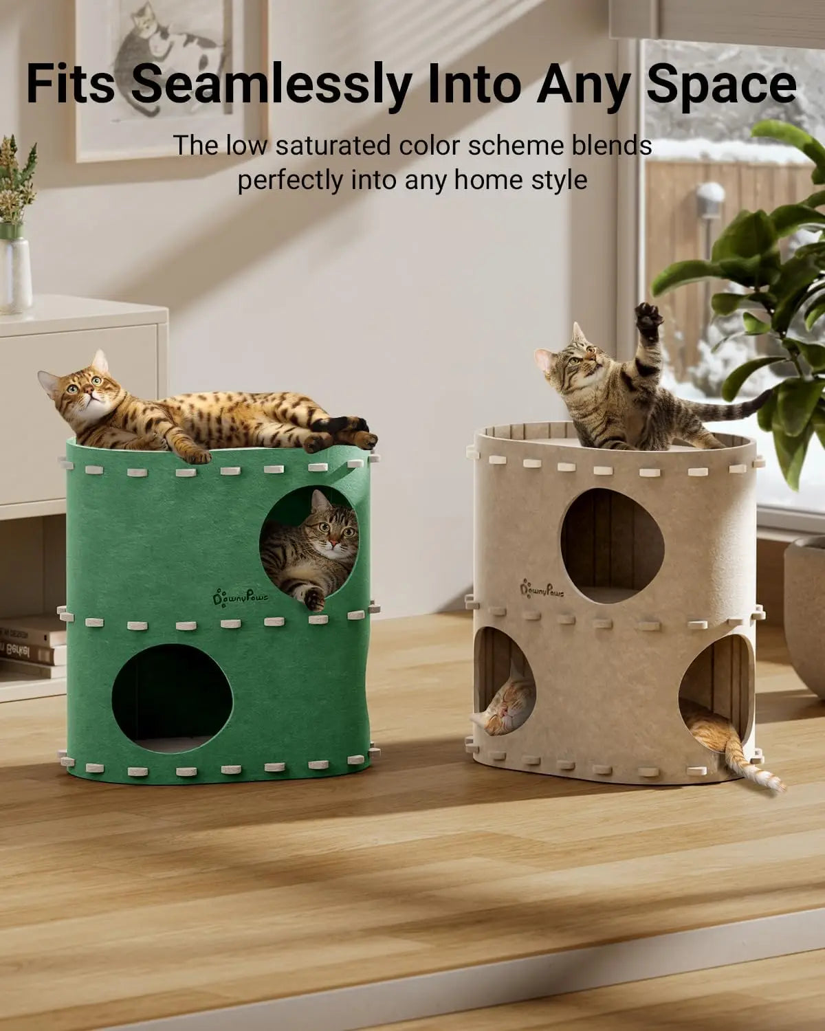 2-Story Foldable Cat Bed Cave, Felt Tunnel Hideaway for Indoor Cats, Scratch-Resistant Multi-Cat Condo