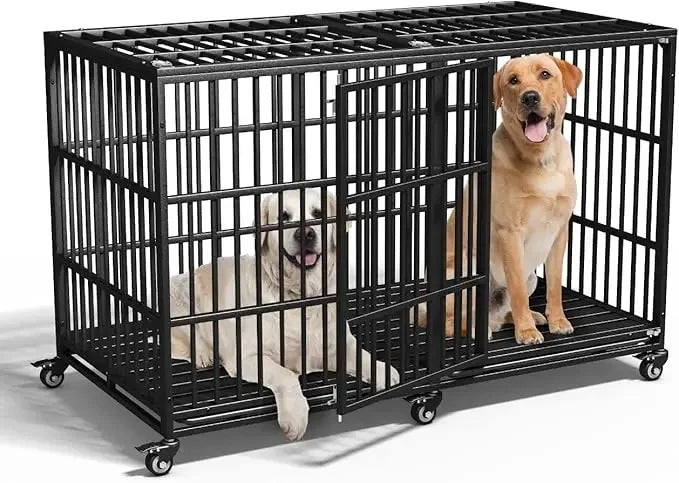 54 inch Heavy Duty Indestructible Dog Crate, Escape Proof with Lockable Wheels