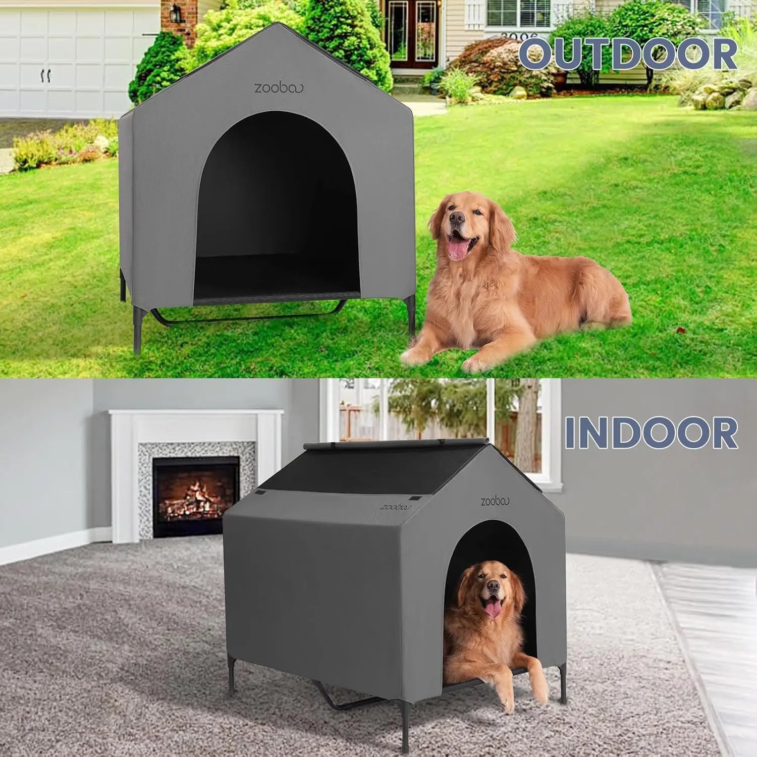 42" Outdoor Dog House for Large Breeds, Weatherproof PVC Canopy, Elevated Bed