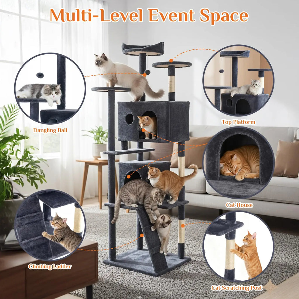 70 inch Cat Tree Tower Large Multi Level Cat Climbing Tower with Condo