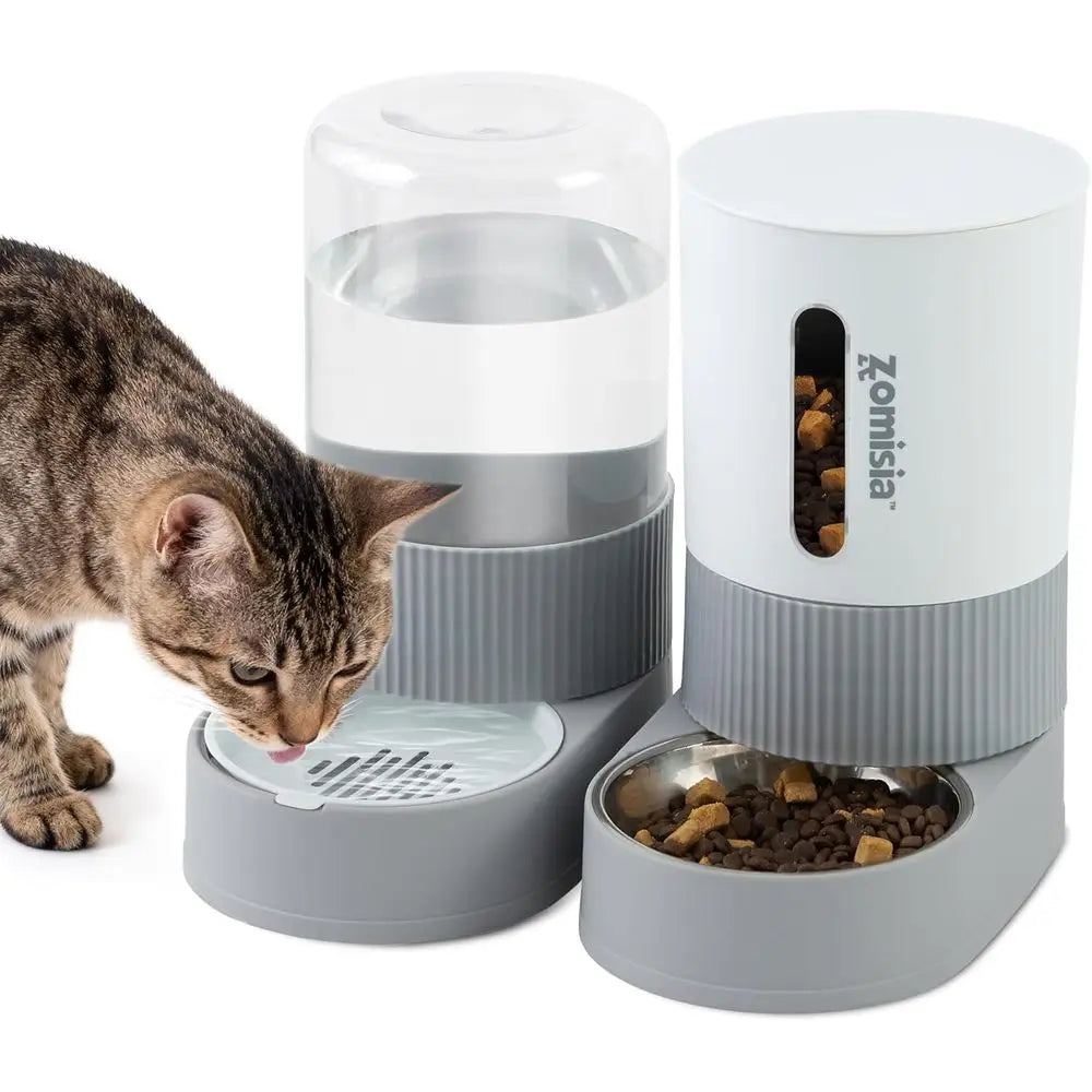 Gravity Cat Feeder and Water Dispenser - Automatic With Stainless Steel Bowl, (2 )
