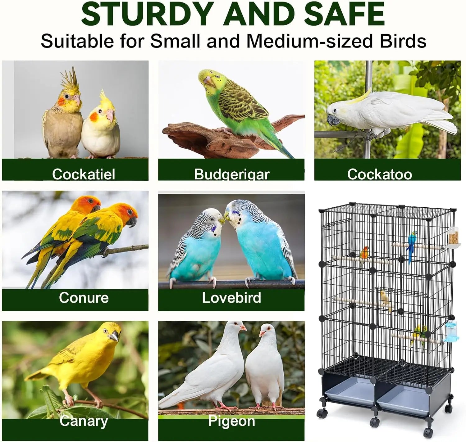 46-Inch Spacious Bird Cage with Wooden Perches, Slide-Out Tray, Water Bottle & Feeder