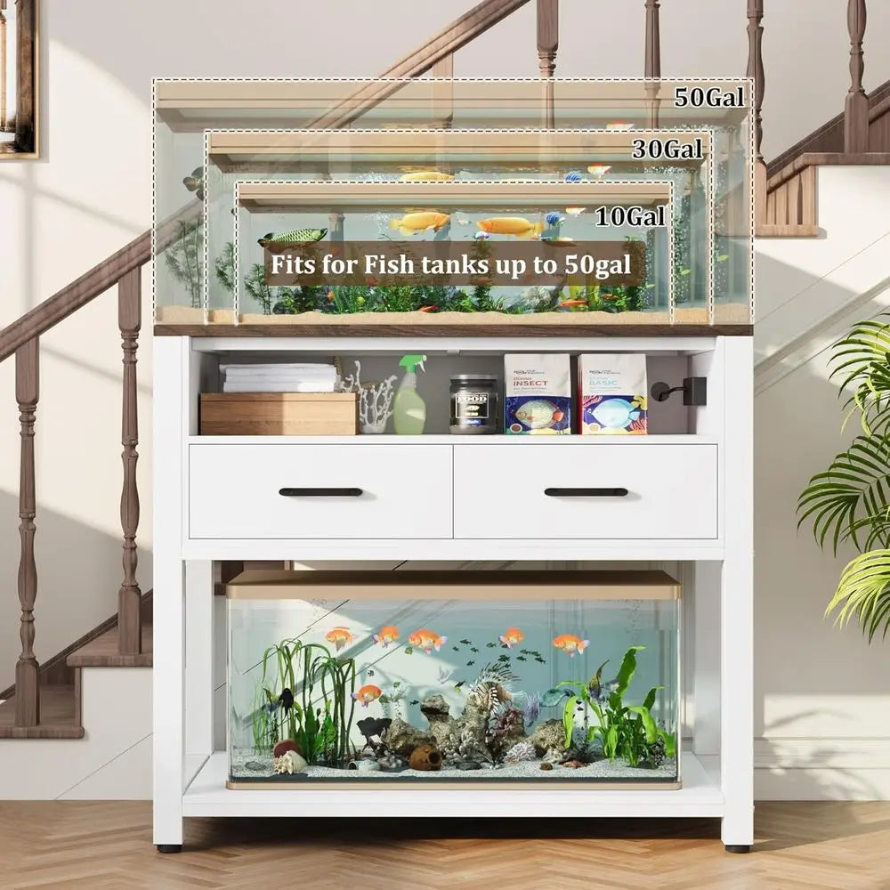 White Heavy-Duty 40-49 Gallon Aquarium Stand with 2 Drawers, Waterproof Mat, 800 lbs Capacity