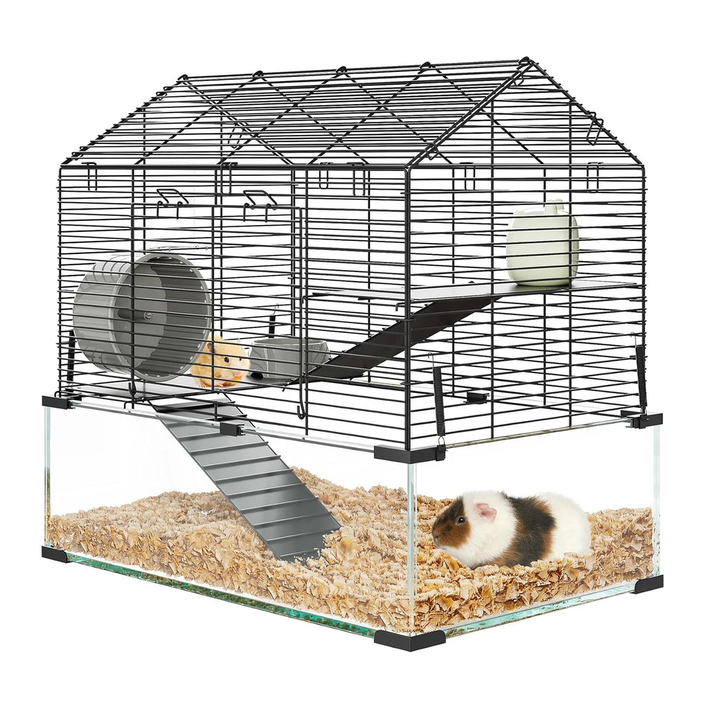 Metal Hamster Cage, Transparent Small Animal Cage Habitats with Water Bottle