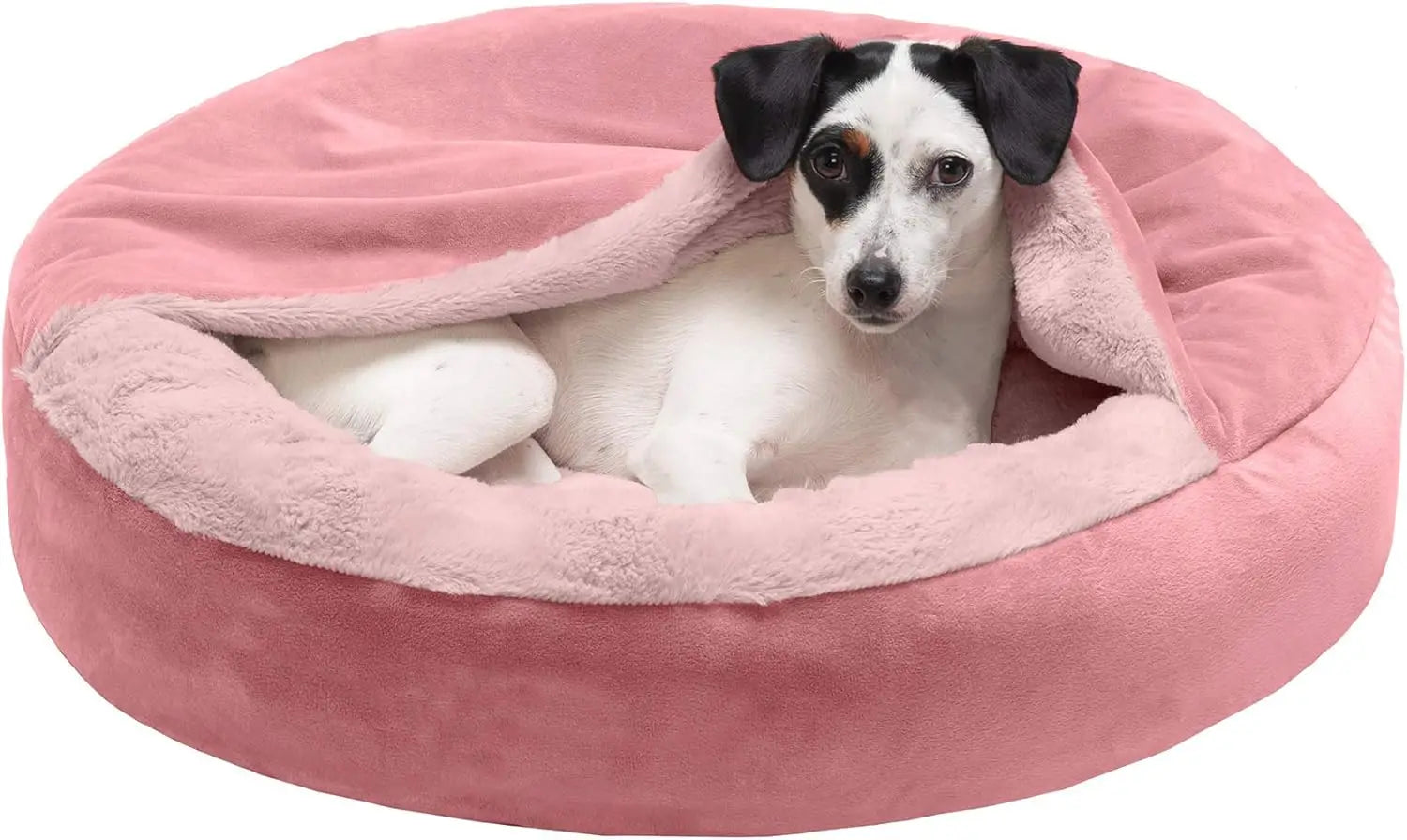 Cozy 24" Round Hooded Pet Bed for Small Dogs & Cats, Washable Plush Velvet in Rose Pink