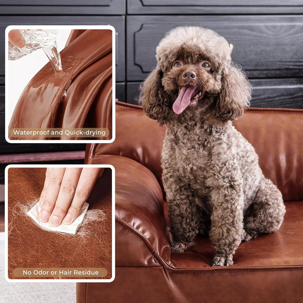 Leather Dog Bed Couch for Small to Medium Dogs, Brown Elevated Pet Sofa Bed