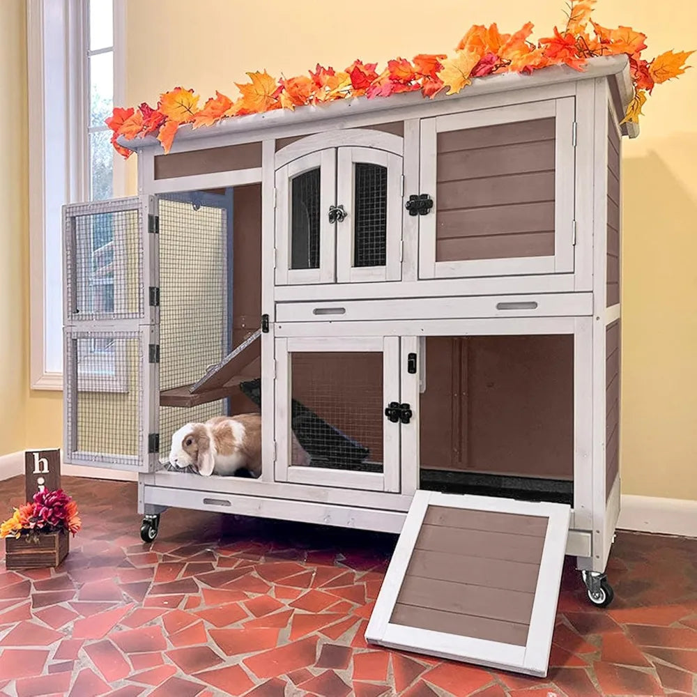 Rabbit Hutch Indoor Bunny House Guinea Pig Cage with Sliding Plastic Trays, Wheels & Ramp