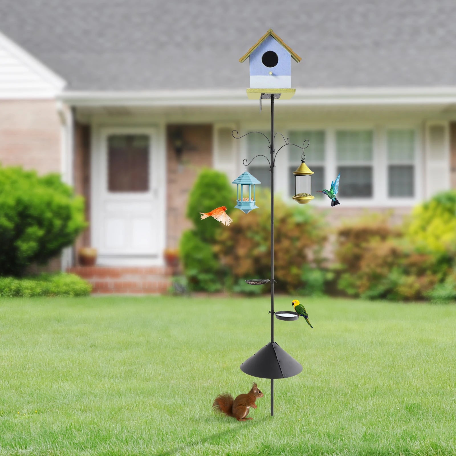 Metal and Iron Outdoor Bird Feeder Tray with Hooks Adjustable Bird Feeding Pole with Squirrel Proof Baffle