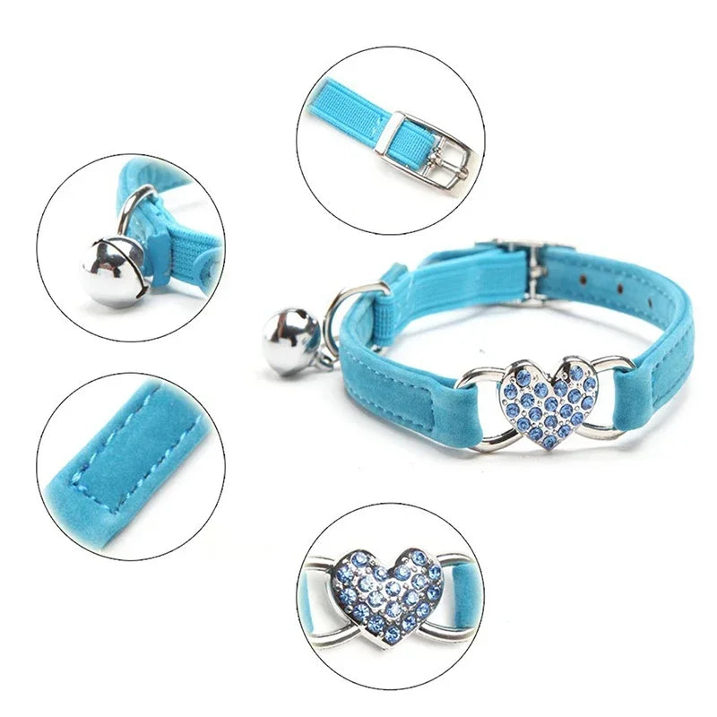 Heart Charm and Bell Cat Collar Safety Elastic Adjustable with Soft Velvet Material