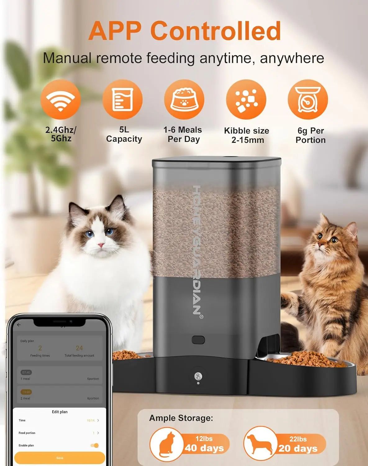 Automatic Cat Feeder for Two Cats, WiFi Smart Pet Dispenser with App Control