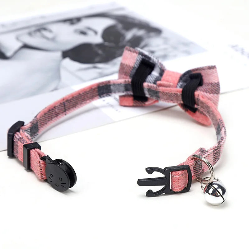 Pet Breakaway Cat Collar Bow Tie and Bell Cute Plaid, Elastic Adjustable Dog Collar With Sash
