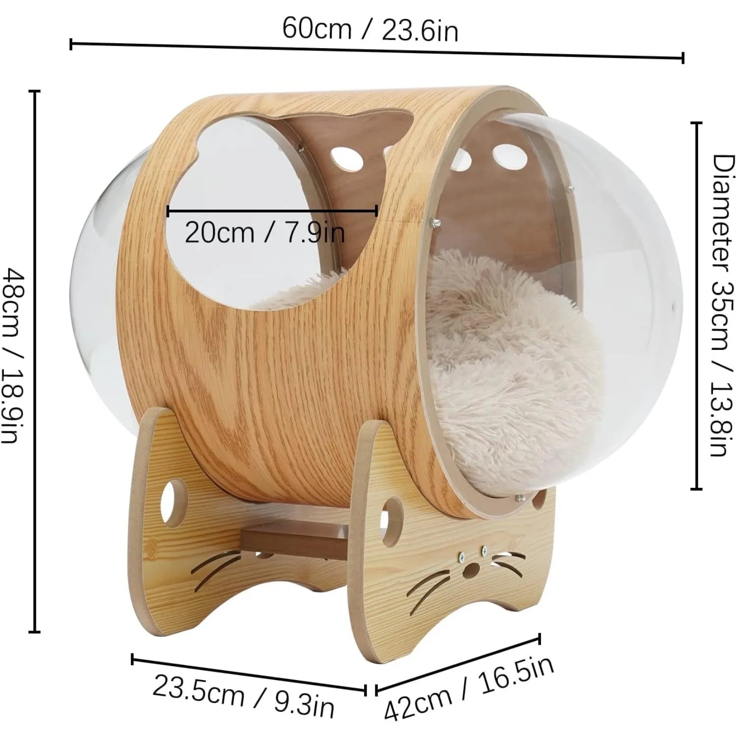 Luxury Cat Pod Bed, Wooden Frame with Clear Acrylic Dome 3.9" Thick Cushion