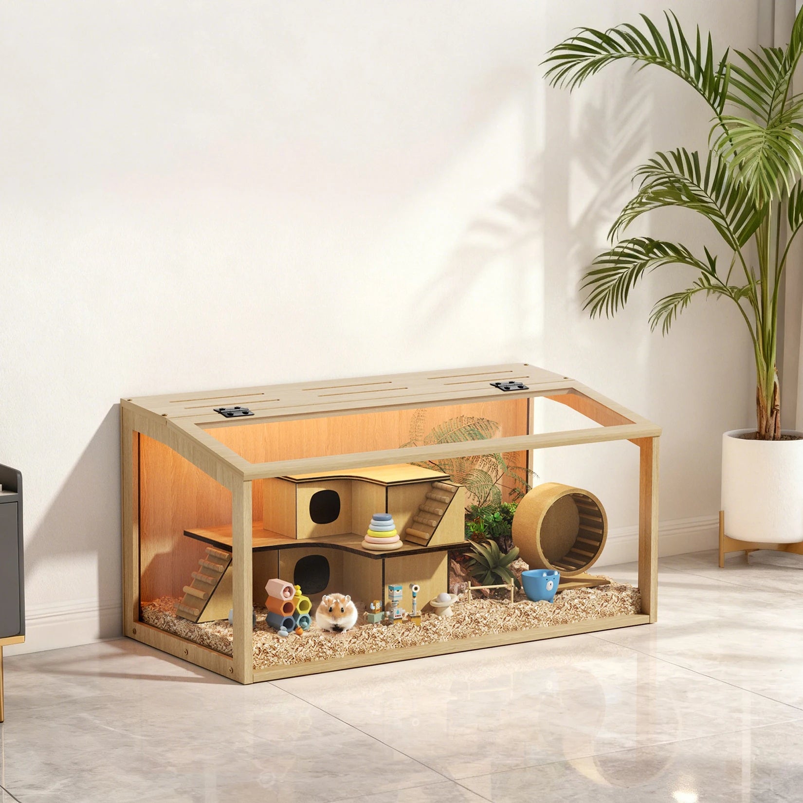 Wooden Hamster/Guinea Pig Cage with Open top Wooden Frame Tempered Glass Panels