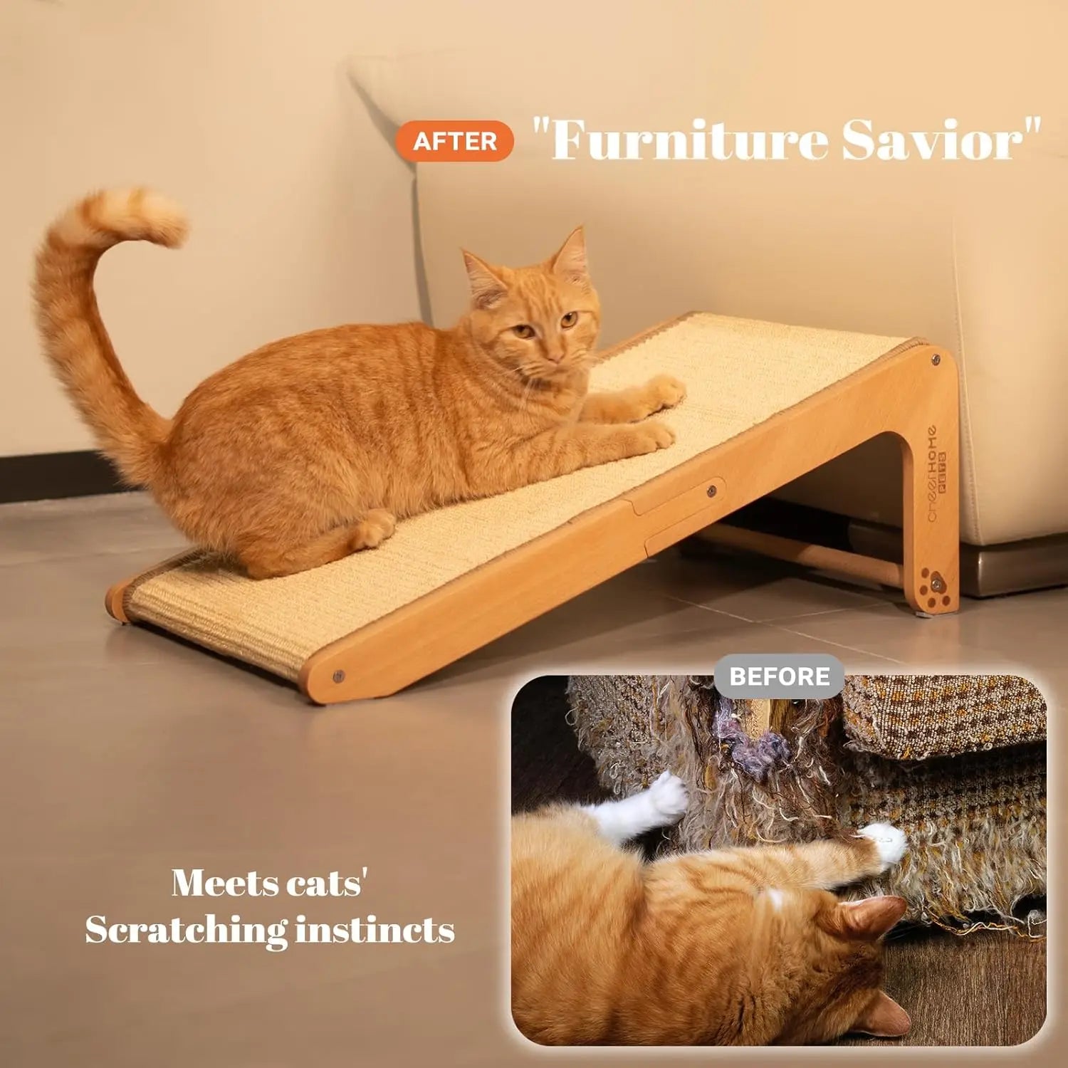 Sisal Cat Scratcher Ramp for Indoor Cats Vertical Cat Scratch Pad, Solid Wood Base