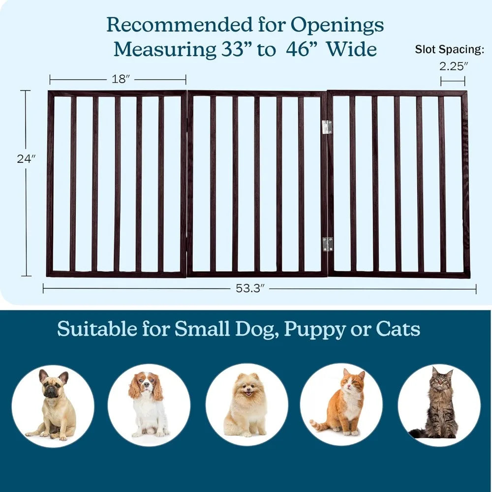3-Panel Foldable Indoor Dog Gate for Stairs, Hallways, Doorways - 54x24-Inch Pet Fence in Brown