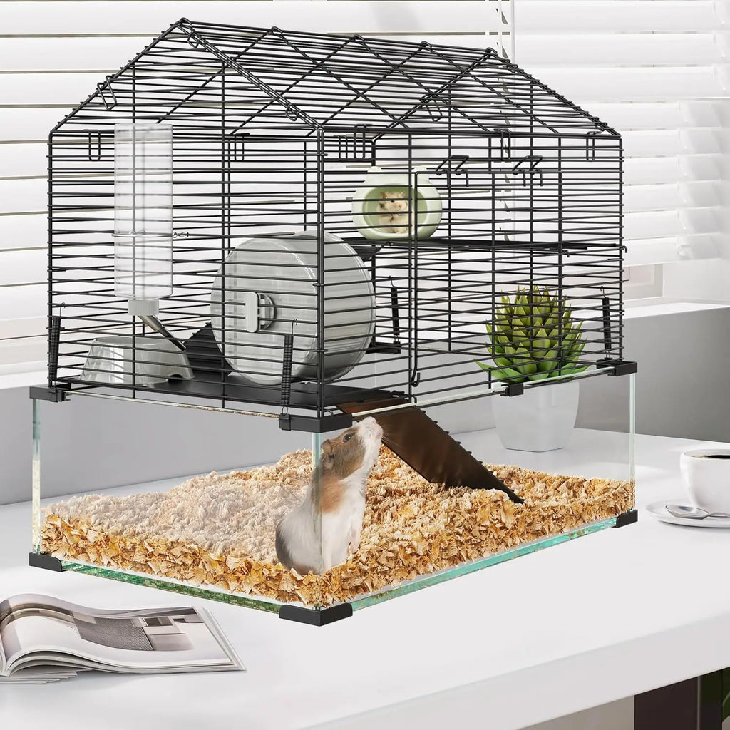 Metal Hamster Cage, Transparent Small Animal Cage Habitats with Water Bottle