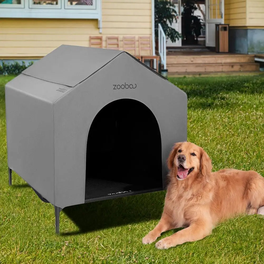 42" Outdoor Dog House for Large Breeds, Weatherproof PVC Canopy, Elevated Bed