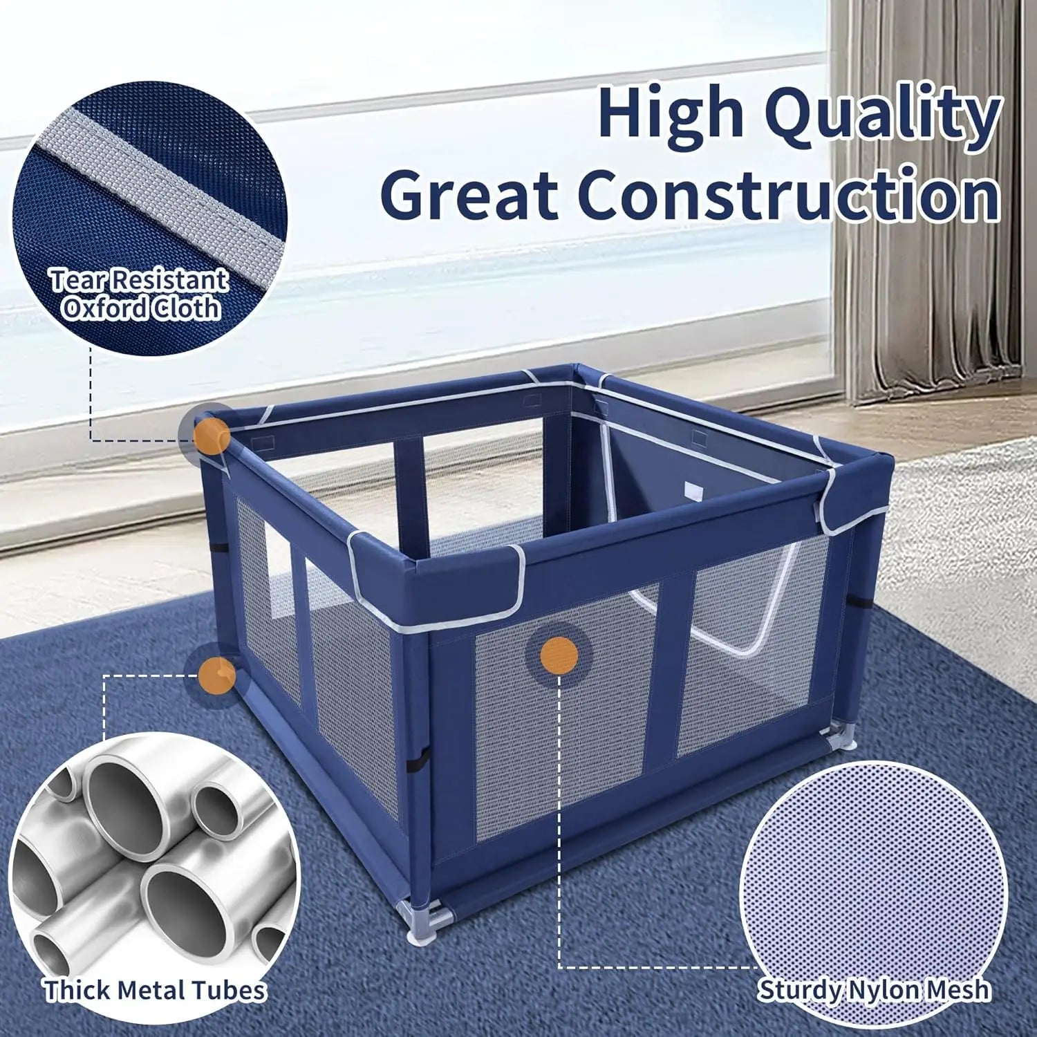Indoor Pet Playpen with Gate, Oxford Fabric Dog Enclosure for Small Pets, Anti-Tipping Design