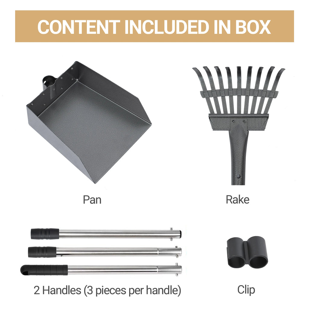 Dog Pooper Scooper, Dog Poop Tray and Rake Set,  Long Adjustable Sectional Stainless Handles