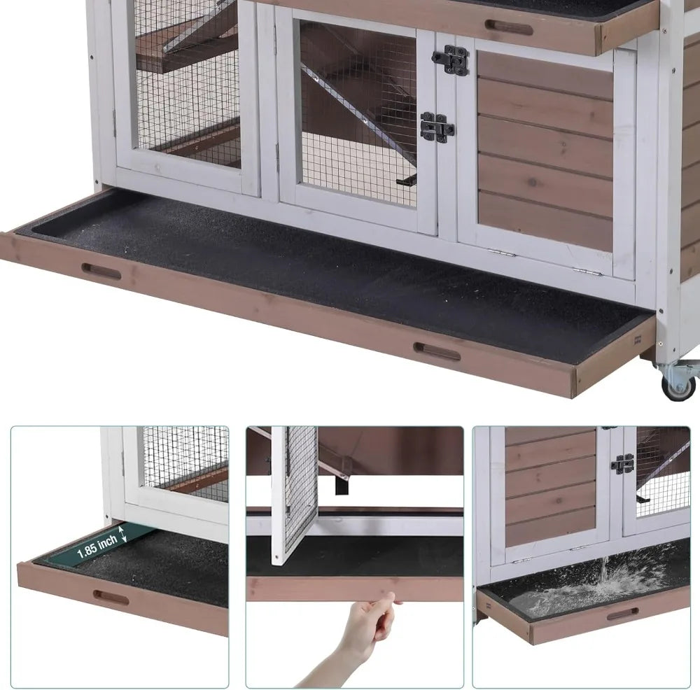 Rabbit Hutch Indoor Bunny House Guinea Pig Cage with Sliding Plastic Trays, Wheels & Ramp