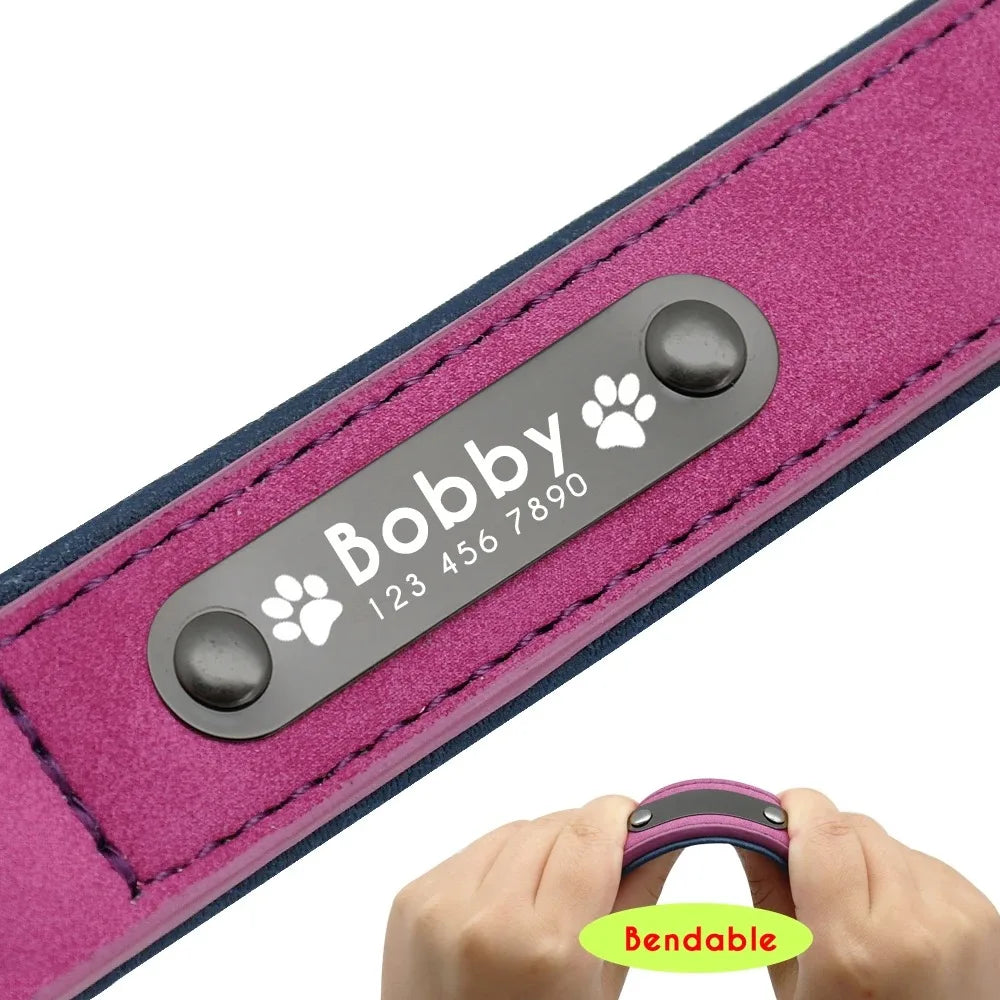 Personalized Name ID Tags, Text name Leather Dog Collar For Small Medium Large Dogs