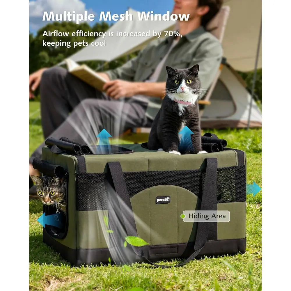 Large Cat Carrier, Built-in Steel Removable Divider With Breathable Mesh