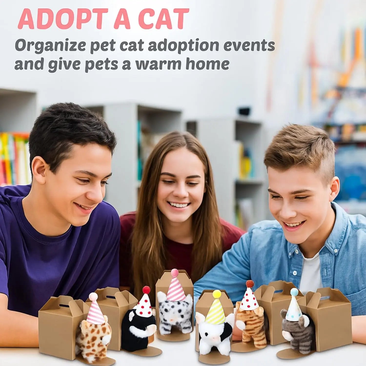 20 Mini Plush Cat Toys with Birthday Hats and Paper Houses