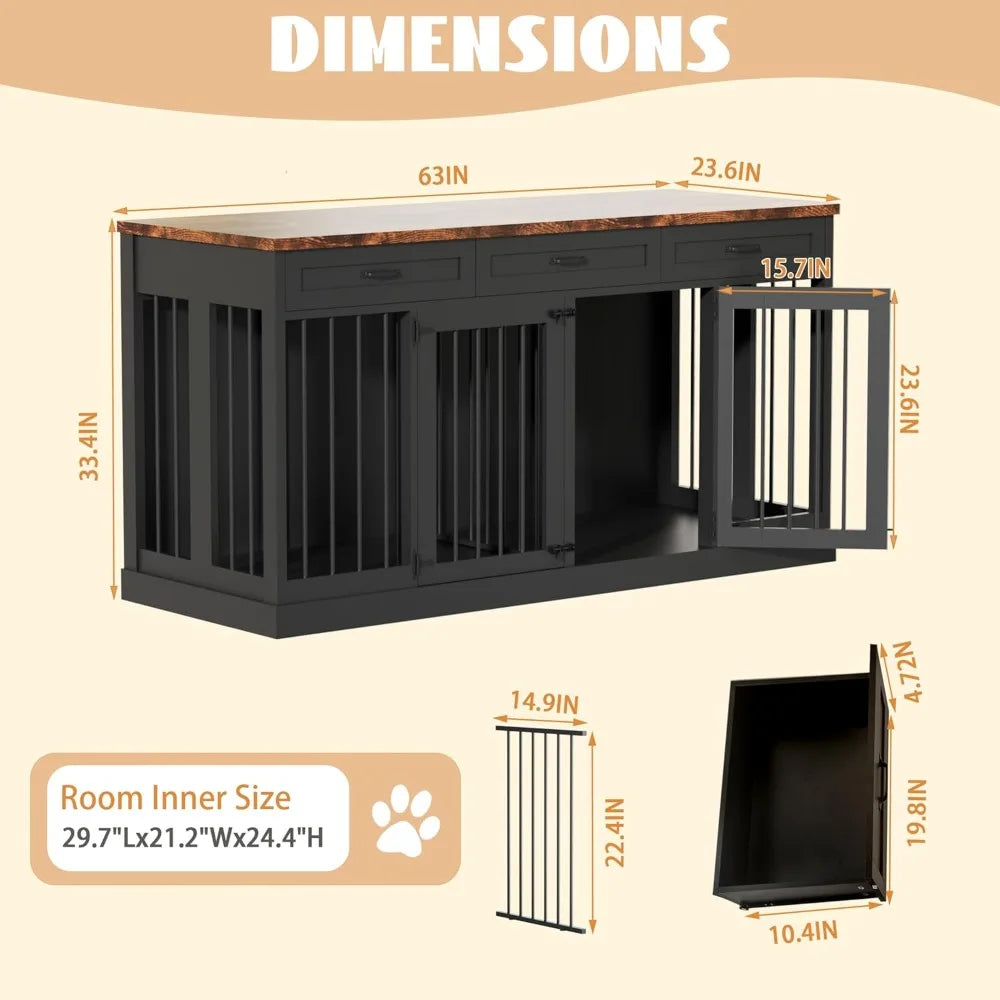 Large Heavy Duty Double Dog Crate/Wooden Kennel Furniture with 3 Drawers for Two Dogs