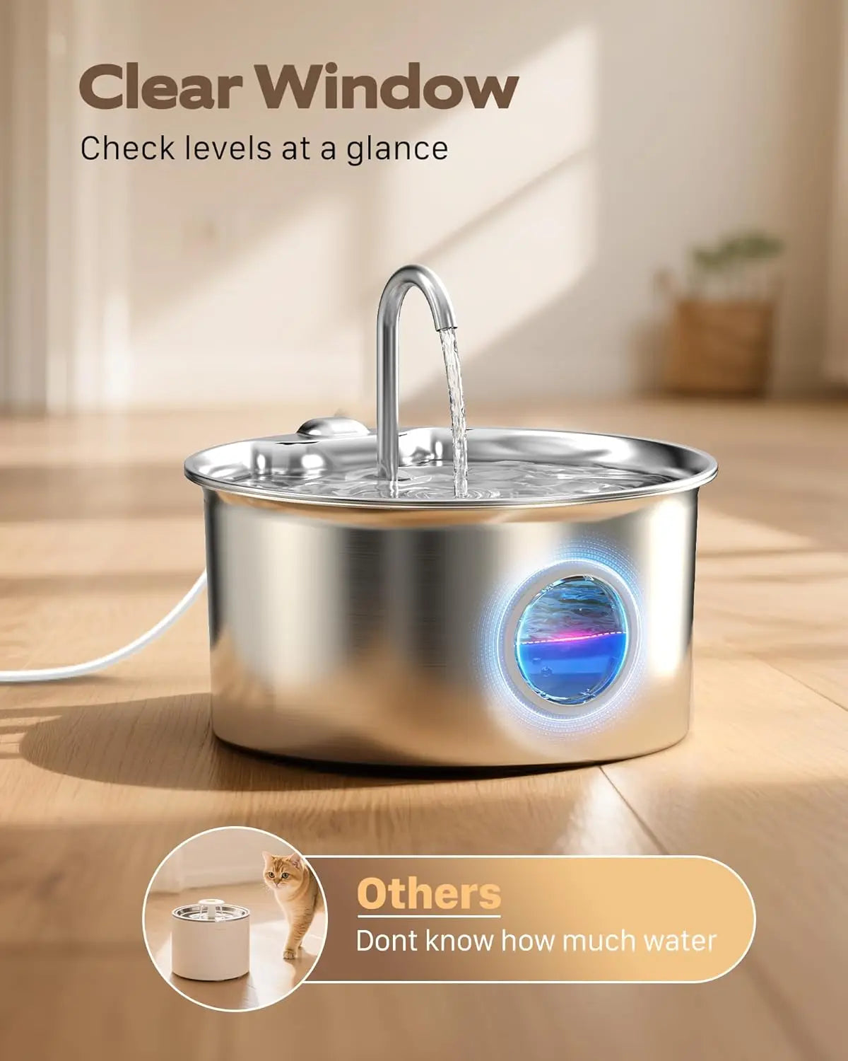 Stainless Steel Cat Water Fountain with 8 Filters & Sponges - 2.6L Quiet Pet Drinking Bowl