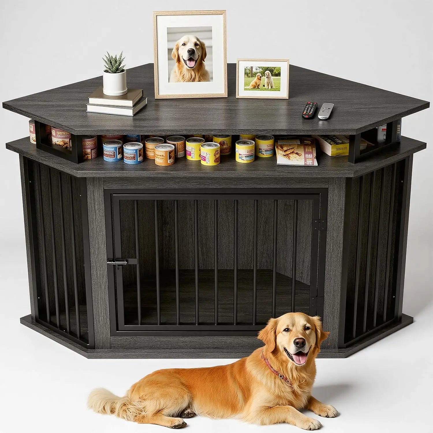 51" Corner Wooden Dog Crate with 2-Tier Shelves Space-Saving Indoor Cage