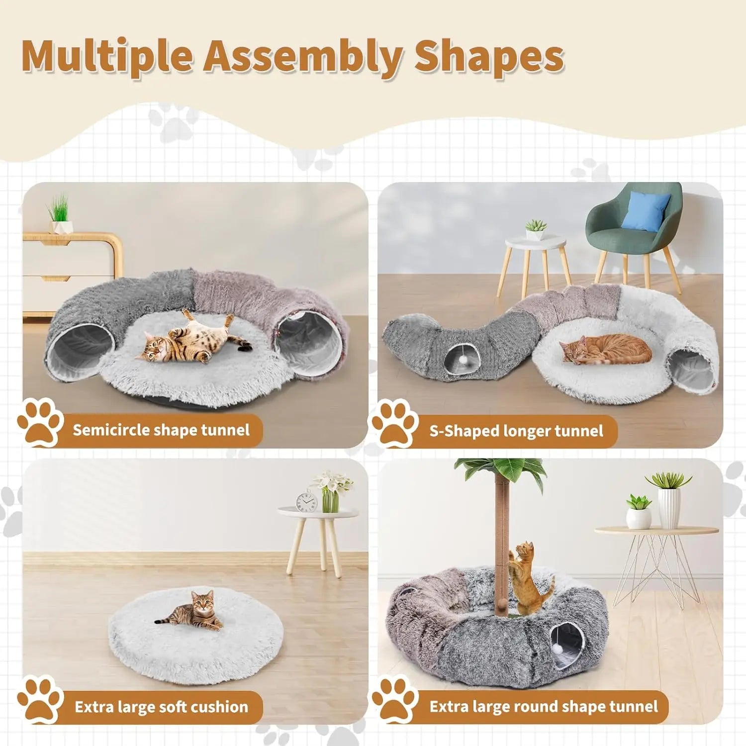 Large Cat Tunnel with Warm Bed and 20 Toys for Indoor Play, Detachable Cave for Kittens