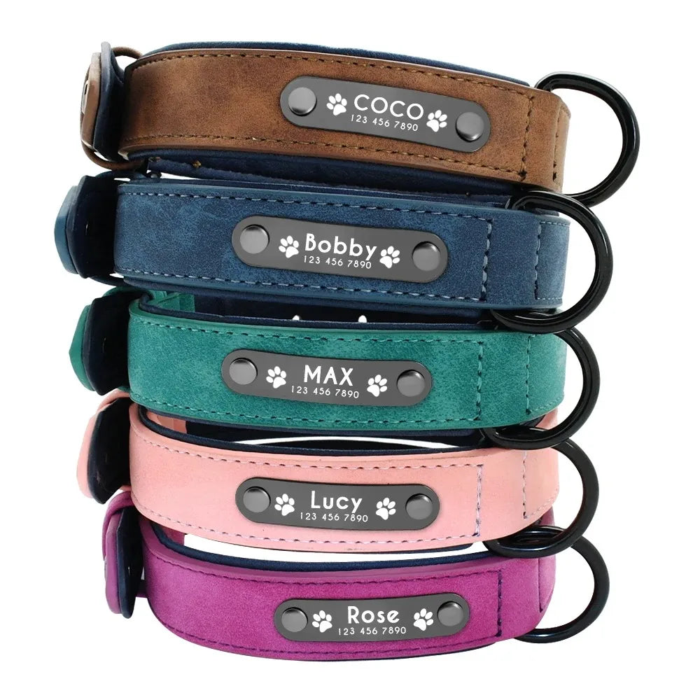 Personalized Name ID Tags, Text name Leather Dog Collar For Small Medium Large Dogs