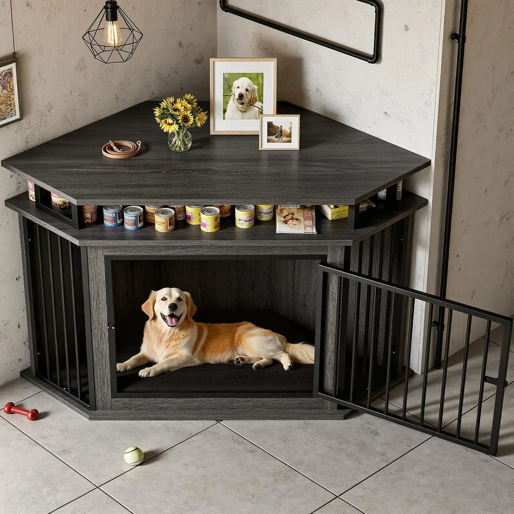 51" Corner Wooden Dog Crate with 2-Tier Shelves Space-Saving Indoor Cage