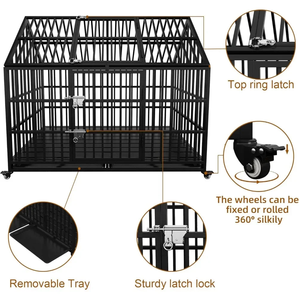 54 inch Heavy Duty Indestructible Dog Crate, Escape Proof with Lockable Wheels