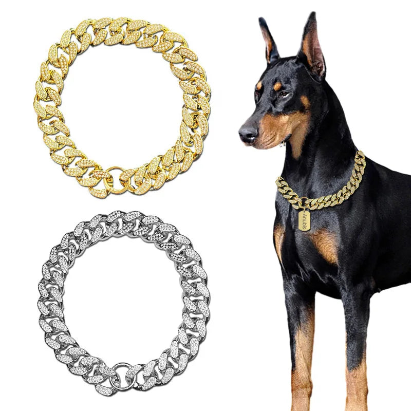 Plastic Dog Collar Chain, Diamond Inlay Sparkle Bulldog Necklace For Small Medium Large Dogs Golden