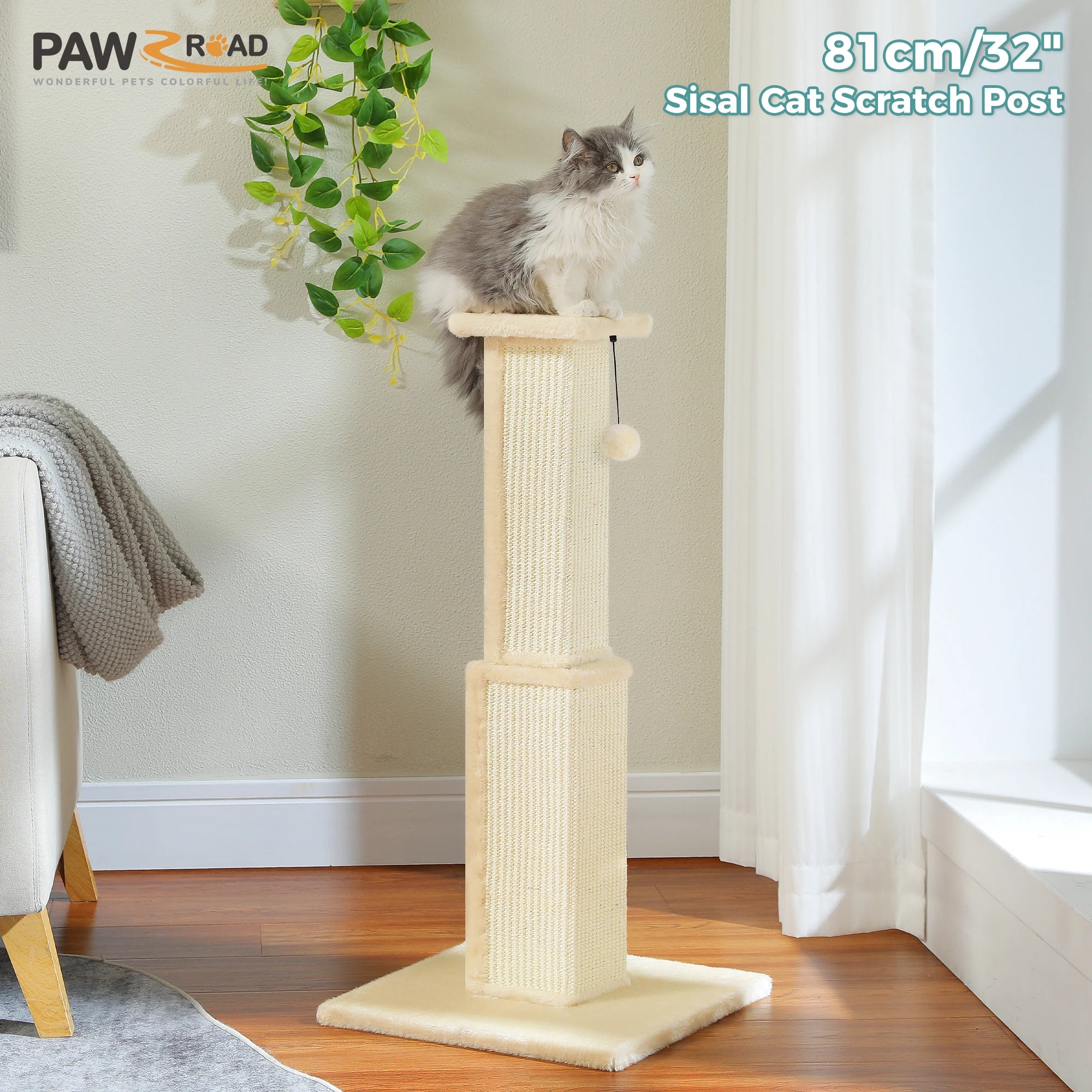 Large Cat Scratching Post for Indoor Cats with Woven Sisal Dangling Ball