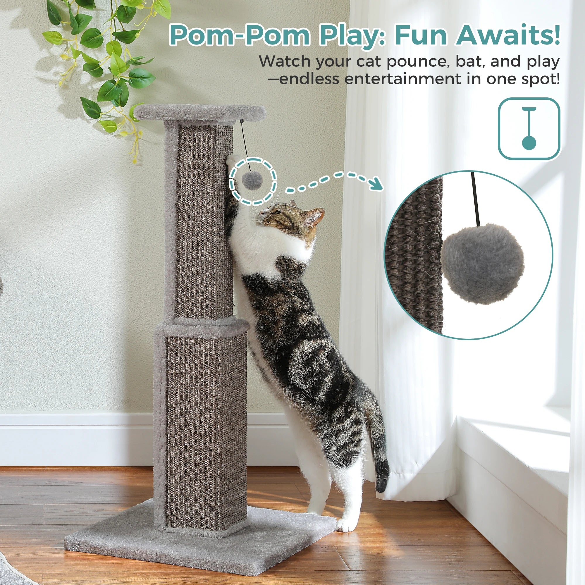 Large Cat Scratching Post for Indoor Cats with Woven Sisal Dangling Ball