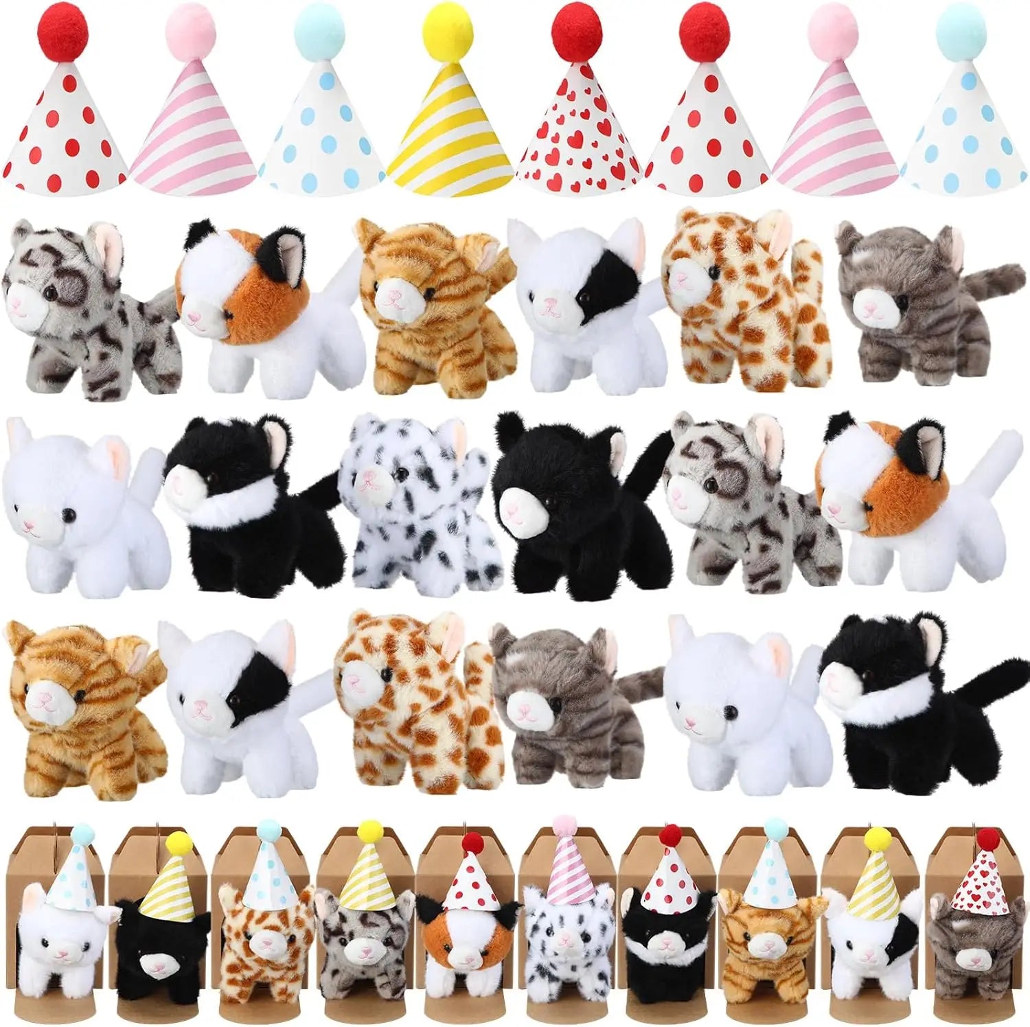 20 Mini Plush Cat Toys with Birthday Hats and Paper Houses