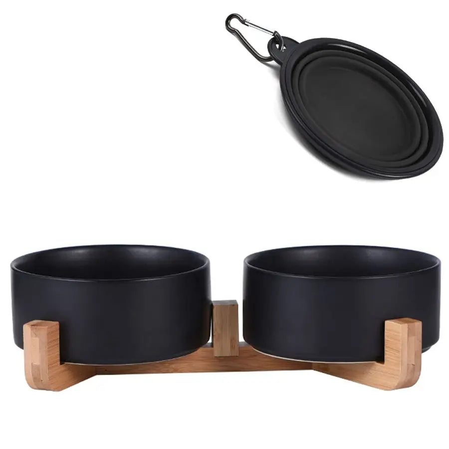 Black Ceramic Cat/Dog Bowl Set with Wood Stand for Pet Food and Water, Non-Slip