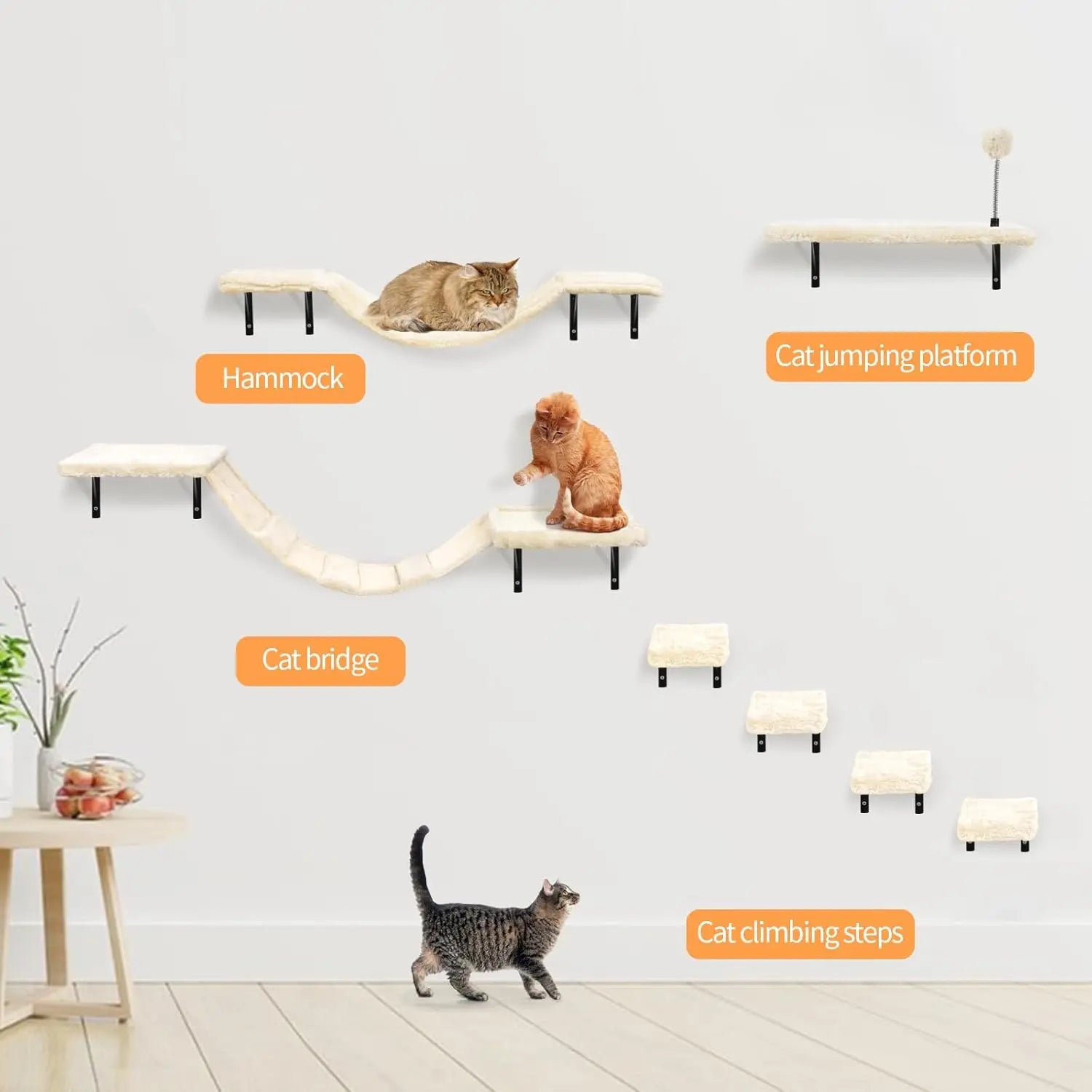 Wall-Mounted Cat Climber Set with Shelves, Perches, Bridge, Hammock & Scratching Board